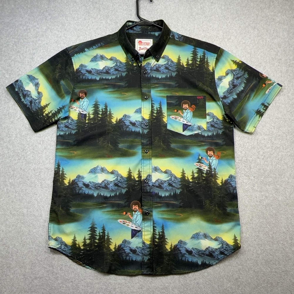 RSVLTS Shirt Mens Large Blue Bob Ross Print Short Sleeve Button Kunuflex Fun